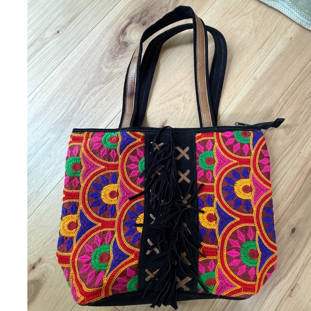 Boho Embroidered Satchel Bag Large Multicolor Festival Suede Fringe Leather‎